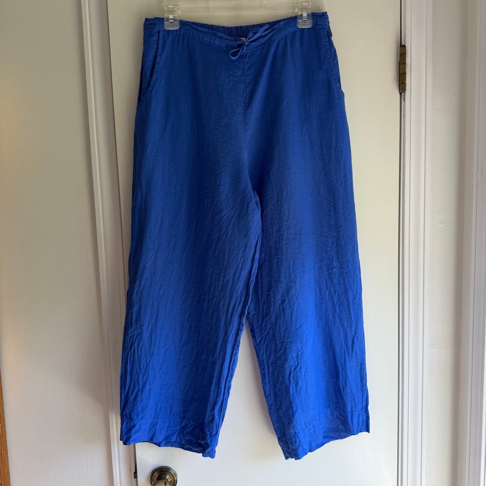 Bryn Walker Womens Royal Blue 100% Linen Wide Leg Cropped Casbah Pants Size M